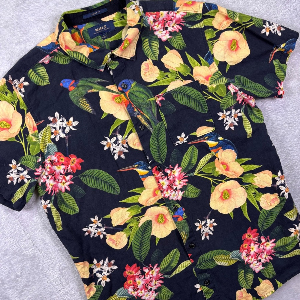 Roark Mens Journey Manu Floral Shirt Size L Black Organic Cotton Linen RW622